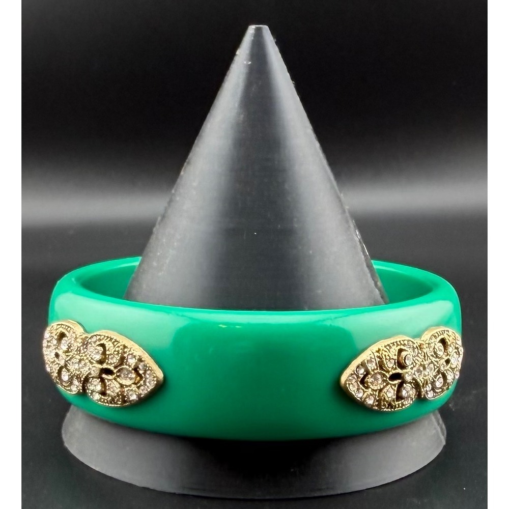 Premier Designs Bangle Bracelet Green Gold Filigree Rhinestone Resin Statement